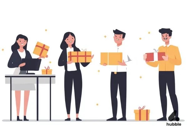 employees exchanging corporate gift cards in an office setting