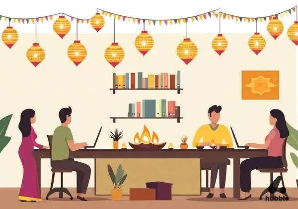 Corporate office decorated for Diwali with people working and traditional lamps and lanterns