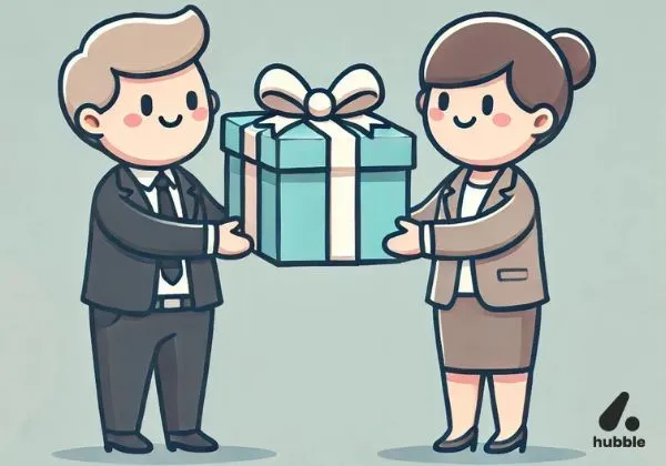 two business people exchanging a corporate gift box