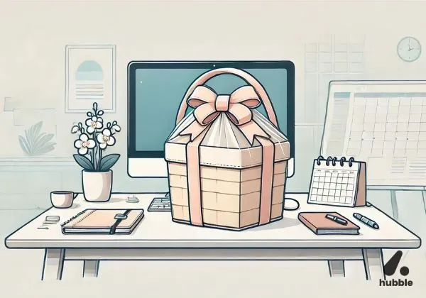 A neatly wrapped gift hamper on an office desk for corporate gift hamper ideas.