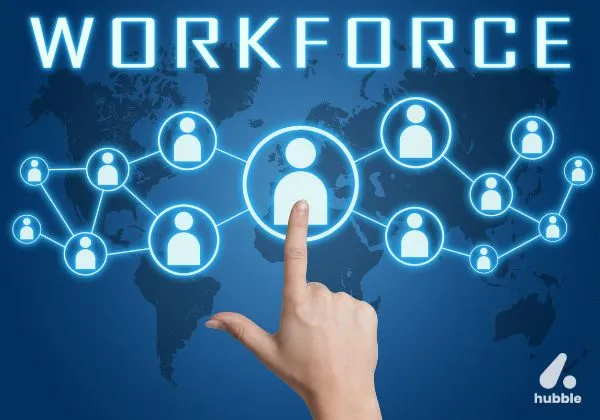 A hand selecting a workforce icon on a digital network, symbolizing AI-driven workforce retention and prediction.