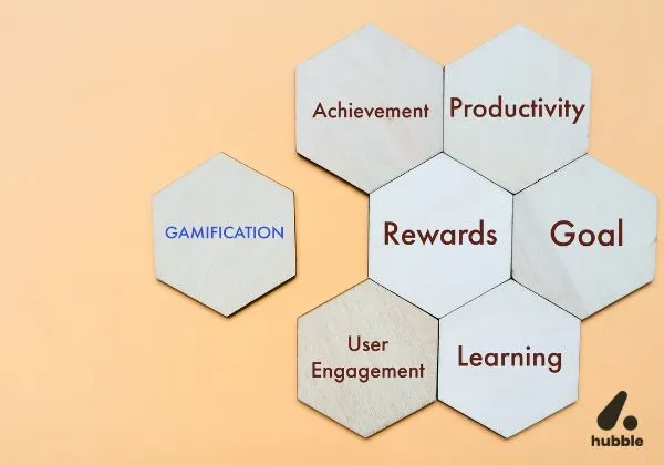 Hexagonal blocks with words like "Rewards," "Goal," and "Productivity," representing the psychology behind gamification