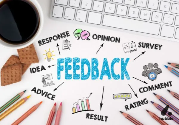 "Feedback" concept with arrows pointing to elements like response, opinion, and results, representing actionable customer insights.