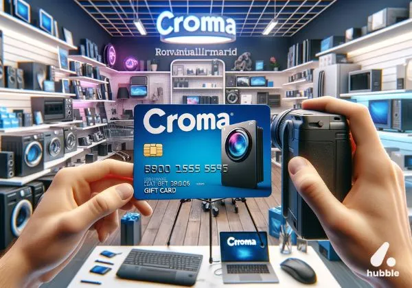 A Croma gift card with various tech products and home appliances in the background.
