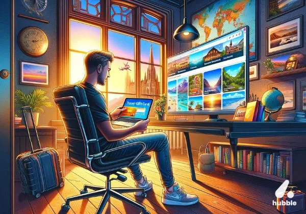 Person holding a travel gift card, browsing travel options online.