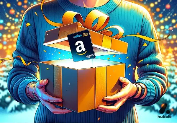 Person holding a gift box with an Amazon gift card popping out, symbolising a perfect gift.