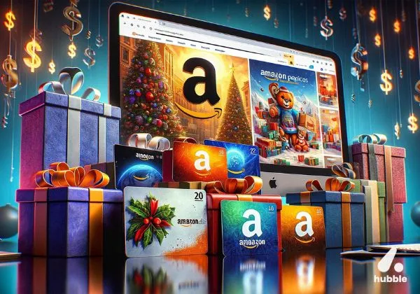 Variety of Amazon gift cards with a computer screen showing Amazon's website in the background.
