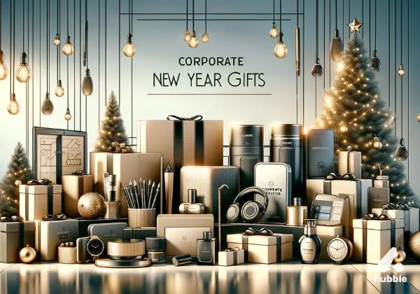 Array of corporate New Year gifts including engraved tech gadgets, eco-friendly items, and gourmet hampers in an office setting