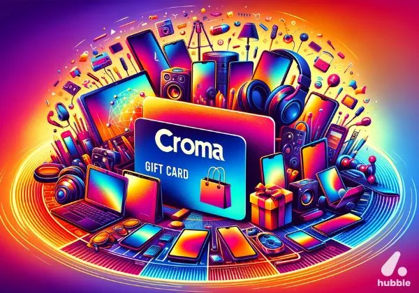 Croma gift card surrounded by assorted electronics