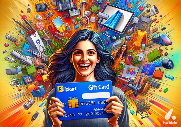 Excited person holding a Flipkart gift card with diverse products emerging, symbolising choice.