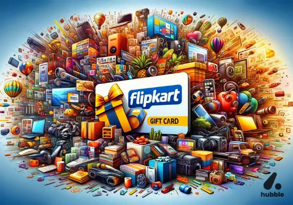 Variety of products from Flipkart with a gift card in the foreground.