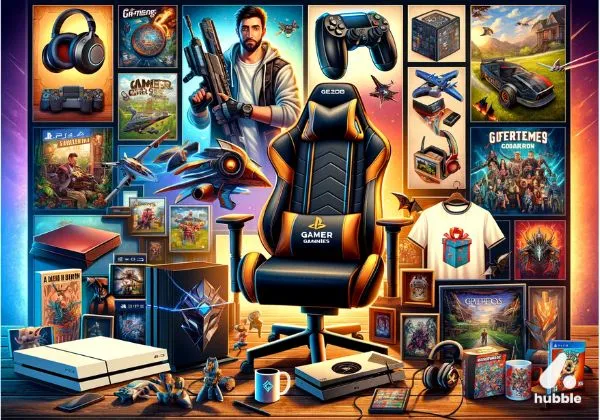 collage for gamer dad with gaming accessories