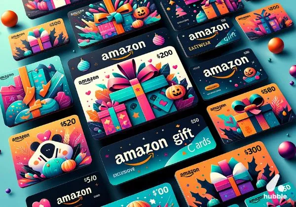 Amazon gift cards displaying festive themes and exclusive offers.