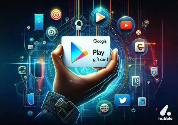Hand holding a Google Play gift card with digital icons surrounding it