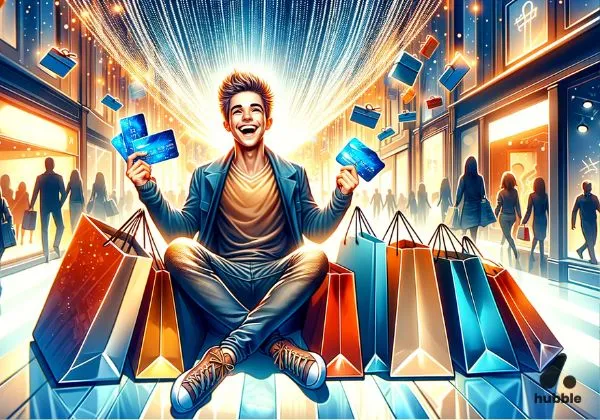 A joyful person surrounded by shopping bags, with gift cards in hand, reflecting the excitement of shopping enthusiasts.
