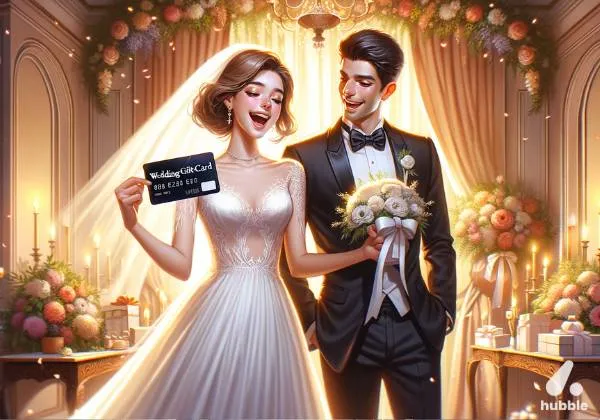 Joyful newlyweds discovering a versatile wedding gift card, epitomizing modern gifting.