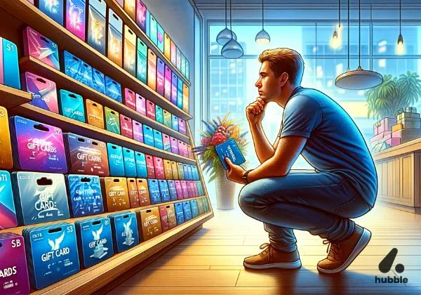 Person contemplating a variety of gift cards, representing thoughtful selection.