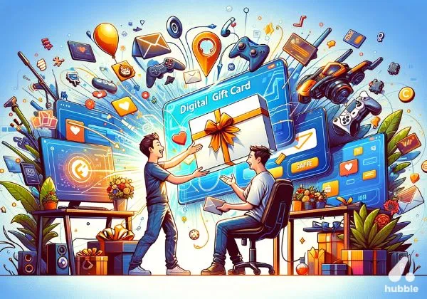 Digital gift-giving with tech and gaming icons.