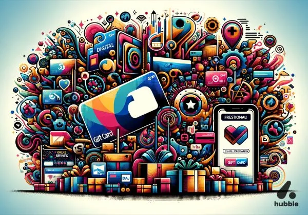 Vibrant montage of different gift cards, online survey icons, and loyalty program symbols.