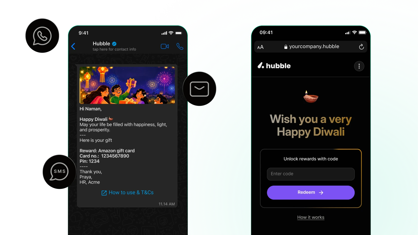 A WhatsApp message with a Diwali greeting and an Amazon gift card, beside a phone showing the redeem page; email, WhatsApp and SMS icons