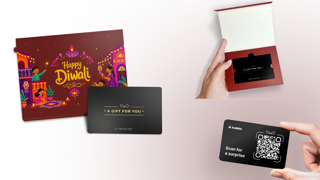 A Diwali gift box with a Hubble gift card, an open box with the card inside, and a card with a QR code