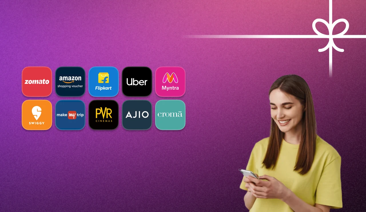 A Hubble One gift card, redeemable on 500+ brands, over strips of themed gift cards: food, travel, fashion, beauty, movies and more
