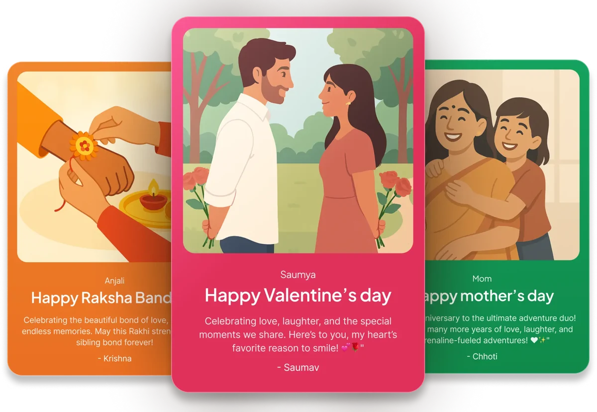 Three personalised gift cards: Raksha Bandhan, Valentine's Day and Mother's Day, each with a picture, a name, a greeting and a message